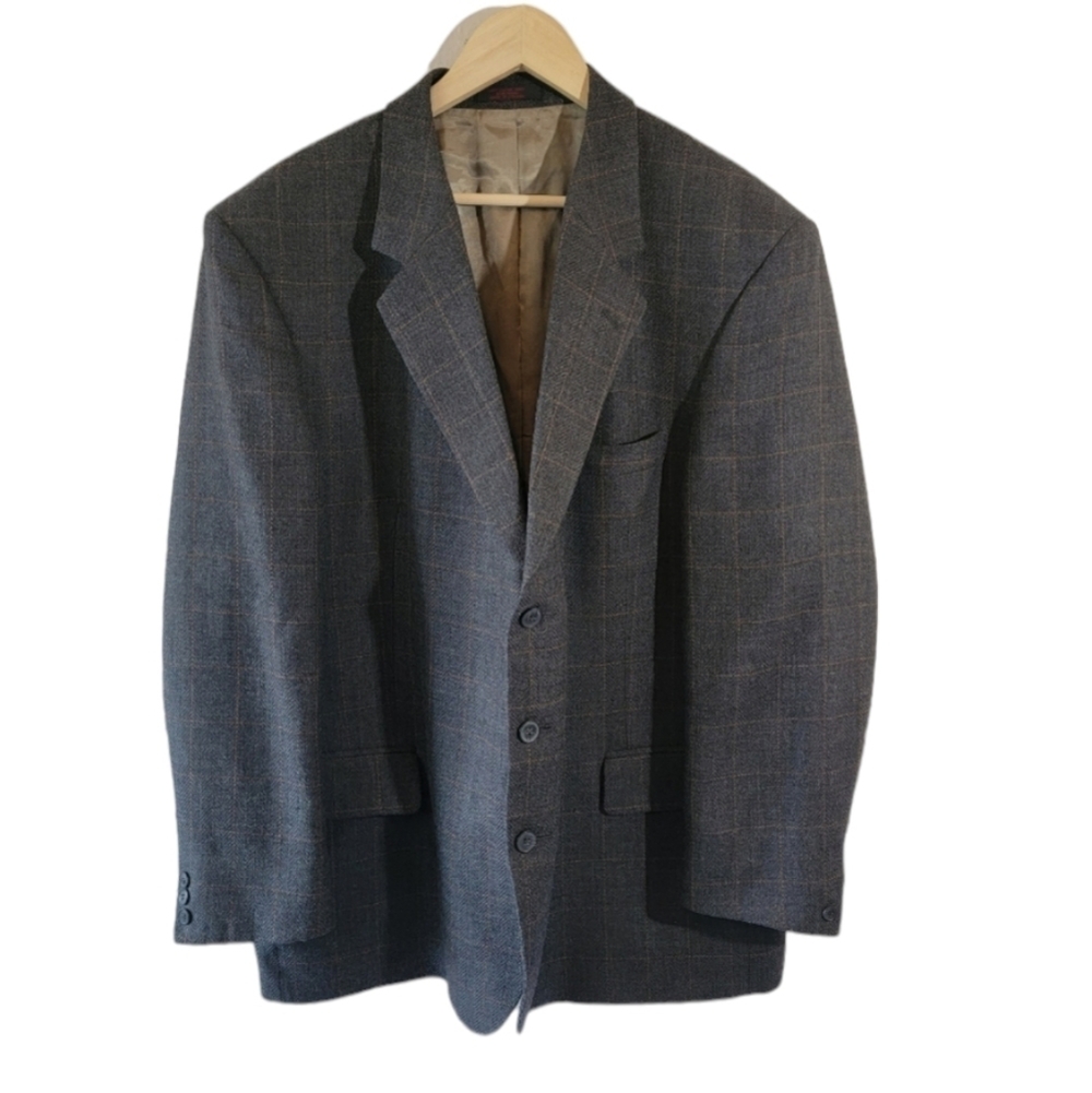John Weitz Vintage Men's Wool Sport Coat Sz 48R Gray Plaid Three Button Lined